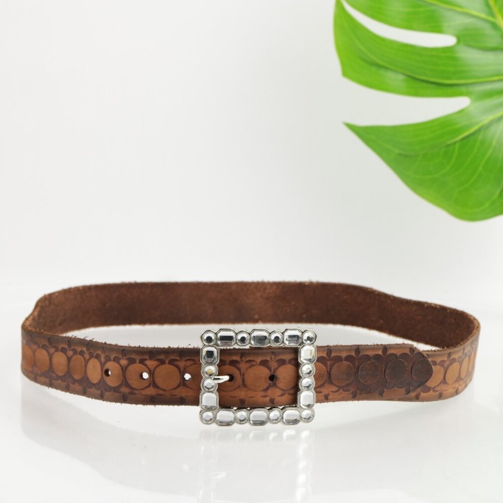 Old Navyβ Womens Belt Size Medium M Brown Leather Tooled Rhinestone Buckle USA
